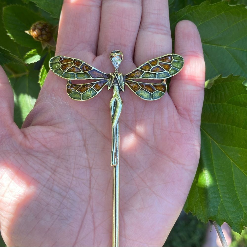 Cottagecore Fairy Goddess Hair Pin Antique Gold Tone, Muti Colored Wings, - Picture 4 of 7